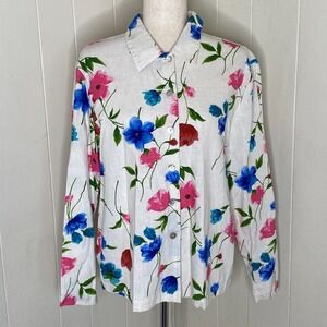 220 Hickory LINEN Y2K Top Womens Size Medium Button Front Floral‎ 90s Watercolor